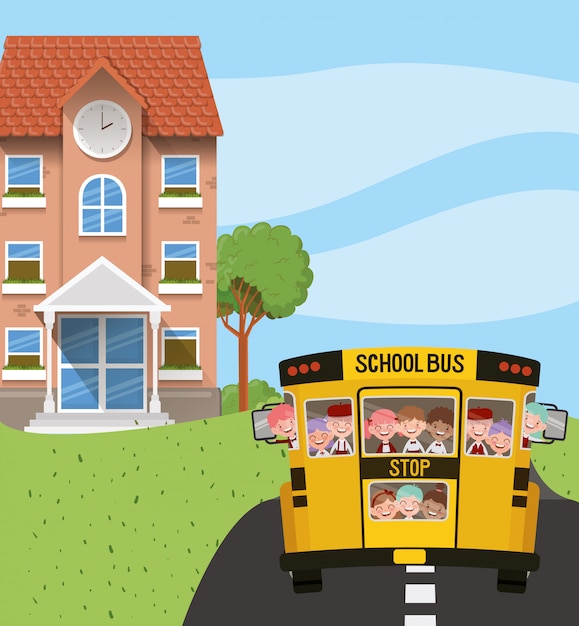 School Bus and Kids by a Building Scene – Free Download