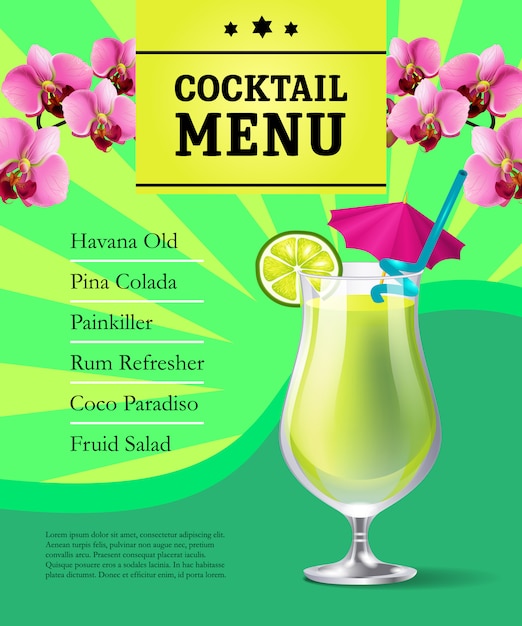 Cocktail Menu Poster Template with Cold Drink and Orchid Flowers – Free Download