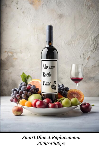 Mockup Bottle of Wine on a Plate with Fruits and a Glass – Free Stock Photo for Download