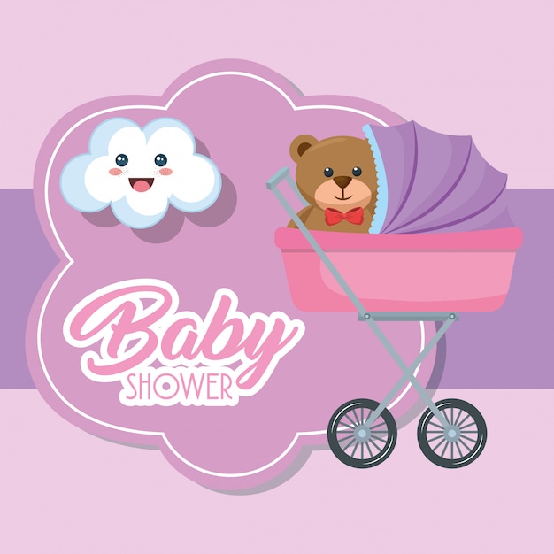 Adorable Baby Shower Card Featuring Bear Teddy in Cart – Free Download