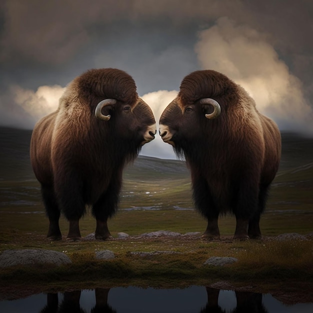 Two Bison Standing in a Field with Cloudy Sky – Free Stock Photo, Download Free