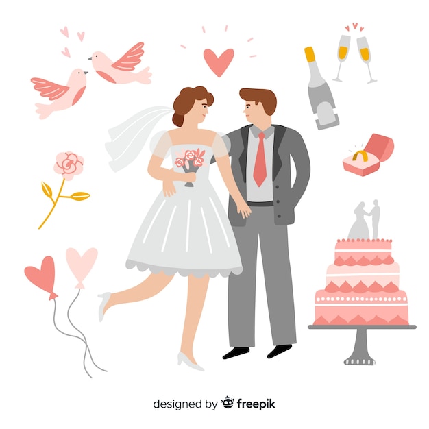 Hand Drawn Wedding Couple with Ornaments – Free Download