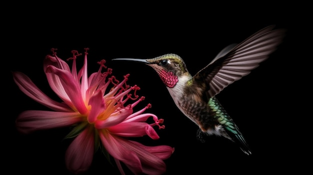 Hummingbird in Flight with Pink Flower Isolated on Black Background – Free Stock Photo