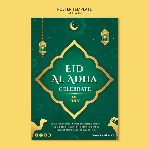 Eid al-Adha Vertical Poster Template Featuring Lanterns and Crescent Moon – Free Download