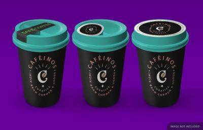 Three Take Away Coffee Cup Mockup with Safety Sticker – Free Download