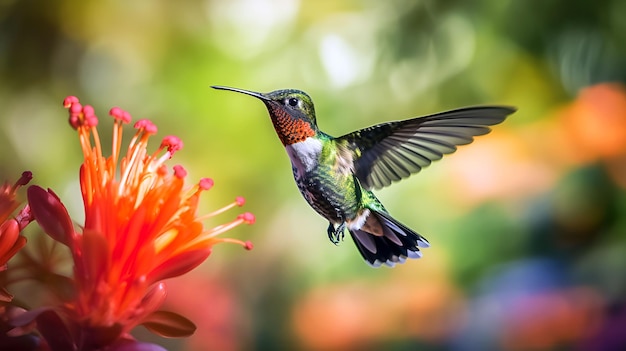 AI Generated Hummingbird Flying Near Red Flower – Free Download