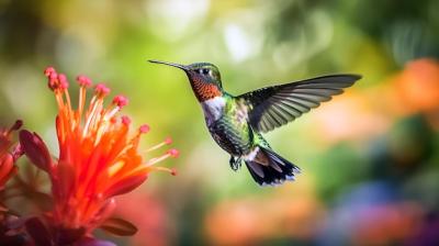 AI Generated Hummingbird Flying Near Red Flower – Free Download