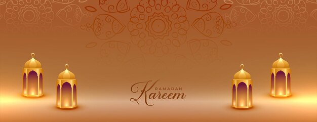 Ramadan Kareem Golden Banner with Islamic Lanterns – Free Download