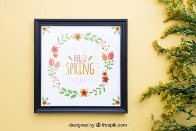 Spring Mockup Featuring Frame and Wildflowers – Free Download