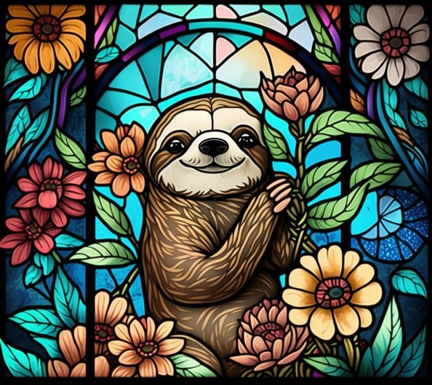 A Close-Up of a Sloth on a Stained Glass Window with Flowers – Free Download