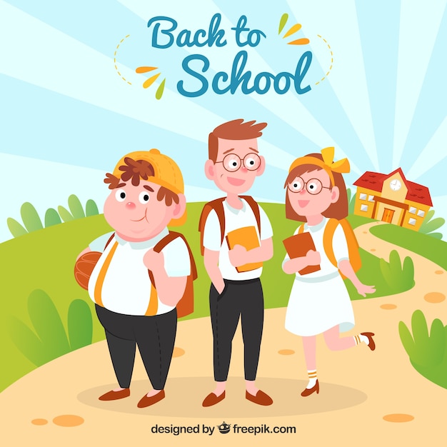 Creative Back to School Background Featuring Three Schoolkids – Free Download