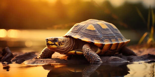 A Tortoise Pauses by the Water’s Edge: Golden Glow in Evening Light – Free Download