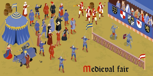 Isometric Medieval Horizontal Composition Featuring Fair Headline and Group of People on Square – Free Download