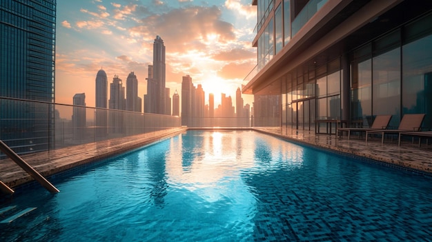 A Rooftop Pool in a Bustling City with Towering Skyscrapers – Free to Download