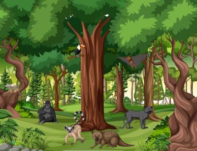 Tropical Rainforest Scene Featuring Diverse Wildlife – Free Download