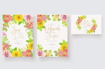 Watercolor Floral and Leaves Background and Border Wreath Invitation Card Design – Free Download