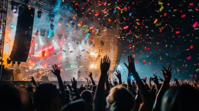 Dusk Setting at an Outdoor Music Festival with Colorful Confetti Swirling Through the Air – Free Download