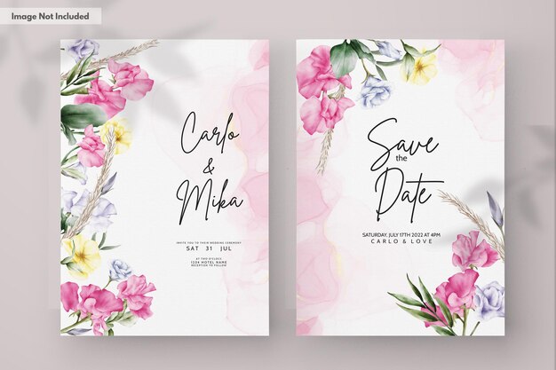 Beautiful Watercolor Flower and Leaves Wedding Invitation Card – Free Download