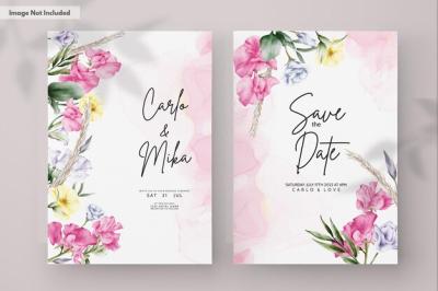 Beautiful Watercolor Flower and Leaves Wedding Invitation Card – Free Download