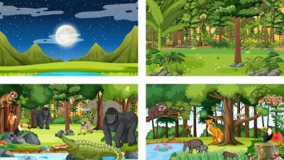 Horizontal Forest Scenes Featuring a Variety of Wild Animals – Free Download