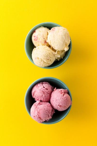 Tasty Ice Cream Vanilla Strawberry Scoops in Blue Bowls on Yellow Vibrant Background – Free Download