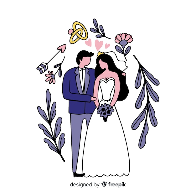 Hand Drawn Wedding Couple with Ornaments – Free Download