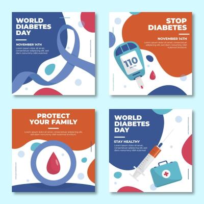 Hand Drawn Flat World Diabetes Day Instagram Posts Collection – Free Download