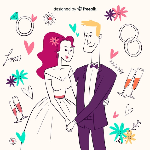 Hand Drawn Wedding Couple with Ornaments – Free Download