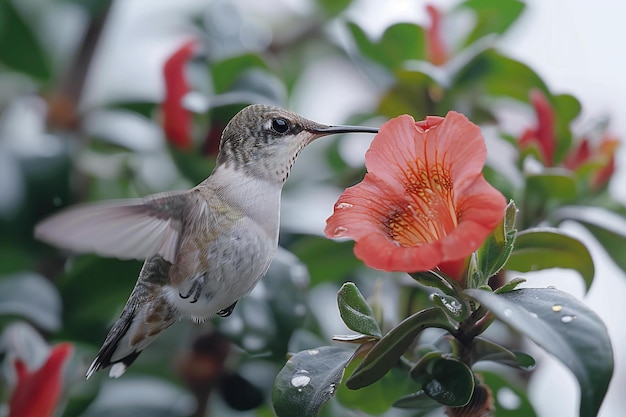 Hummingbird Hovering Near a Red Flower for Nectar – Free Download