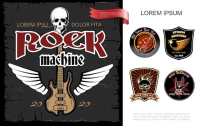 Vintage Rock Music Festival Promo Template Featuring Winged Electric Guitar Skull and Rock Club Insignias – Free Download