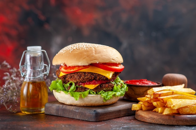 Tasty Meat Burger with French Fries on Dark Floor – Free Stock Photo, Download Free