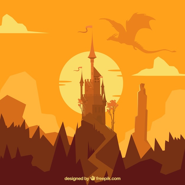 Castle Silhouette Background with Dragon Flying – Free to Download