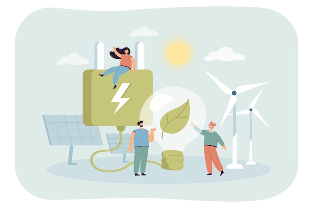 Tiny Characters in Village with Windmills and Solar Panels: Eco-Friendly Lifestyle Vector Illustration – Free Download