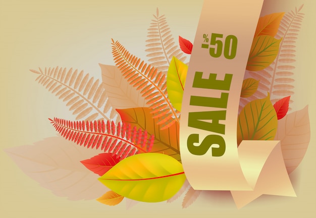 Sale Sign with 50% Discount and Autumn Leaves – Free Download