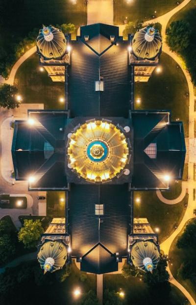 Stunning Overhead Drone Shot of a Church Rooftop at Night – Free Download