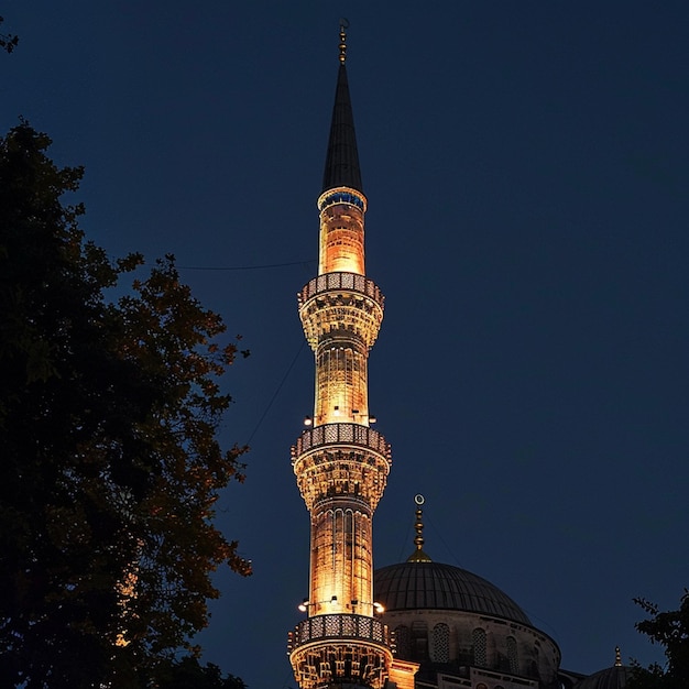 Illuminated Minaret Symbolizes Spirituality in Famous Blue Mosque – Free Stock Photo Download