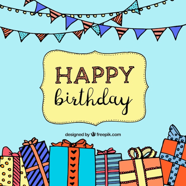 Hand-drawn Background Featuring Decorative Garlands and Birthday Presents – Free Download