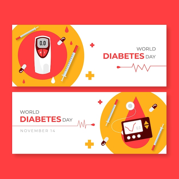 Hand Drawn Flat World Diabetes Day Horizontal Banners Set – Free Download