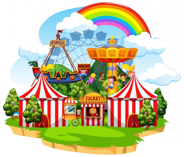 Themepark Scene Featuring Exciting Rides and Joyful Children – Free Download