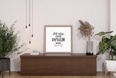 Poster Frame in Living Room PSD Mockup – Free Download