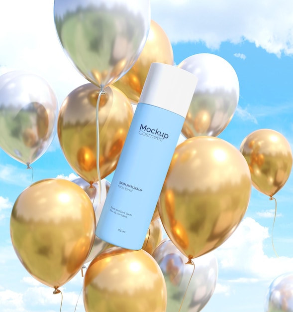 Cosmetic Bottle Mockup with Balloons – Free Download