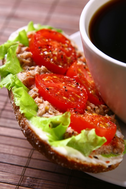 Delicious Fresh Sandwich with Vegetables and Coffee – Free Download