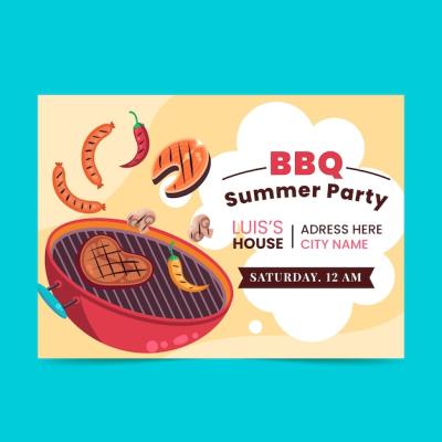 Flat Summer Barbecue Invitation Template Featuring Grill and Food – Free Download