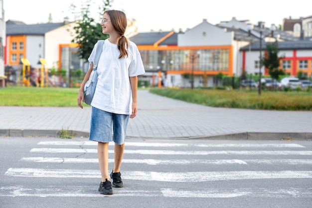 The Girl Goes to School: A Schoolgirl at a Pedestrian Crossing in Front of the School – Free Download