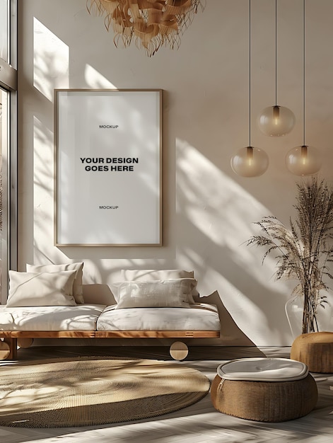 Blank White Frame Mockup in a Modern Interior with Dappling Lights – Free Download