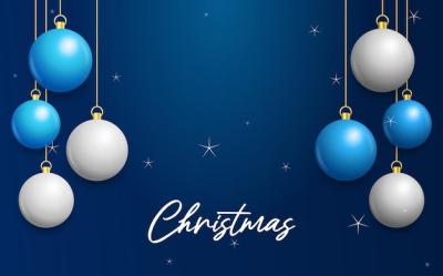 Christmas Blue Background with Shining White and Silver Balls – Merry Christmas Greeting Card Vector Illustration – Free Download