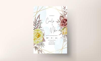 Elegant Watercolor Flower and Leaves Wedding Invitation Set – Free Download