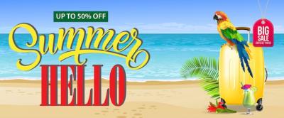 Big Sale Summer Banner with Fresh Cocktail, Red Flower, and Yellow Travel – Download Free Stock Photo