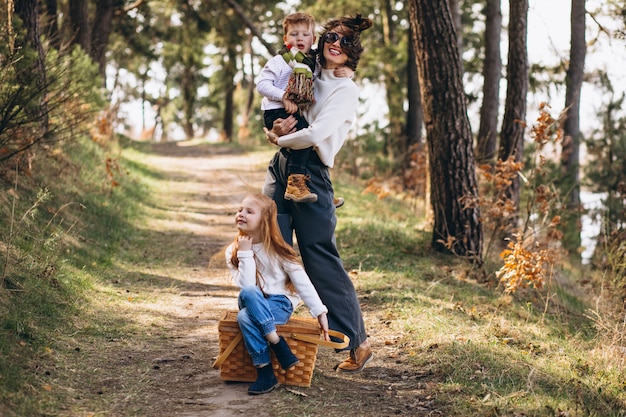 Young Mother Enjoying a Picnic in the Forest with Her Children – Free Download