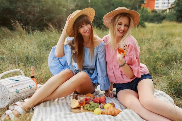 Two Wonderful Girls in Straw Hats Enjoying Sparkling Wine in the Countryside – Free Stock Photo Download